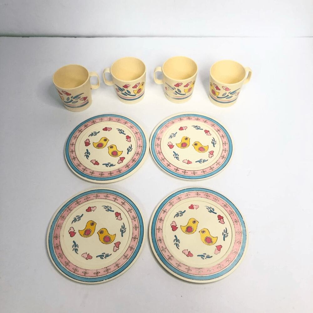 vintage chilton tea set plastic cups and saucers blue‎ yellow birds 8 piece